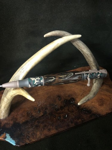 Hand Turned Bolt Action Baked Ceramic Woodland Camo Finish With Pheasant Feather
