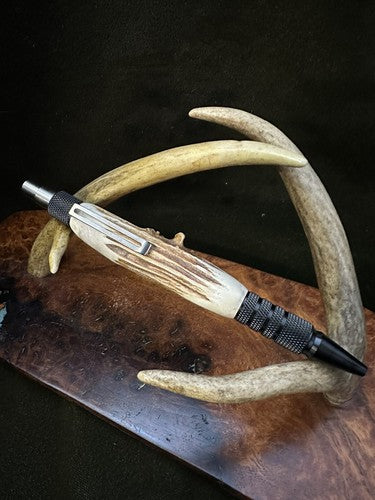 EDC Click Pen Black Aluminum 6061-T6 Ballpoint Handmade Pen Roe Deer Antler
