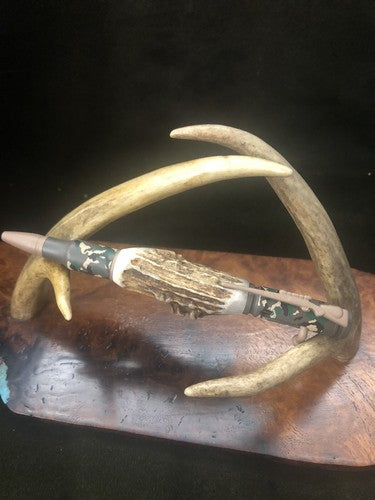 Hand Turned Bolt Action Baked Ceramic Woodland Camo Finish With Roe Deer Antler