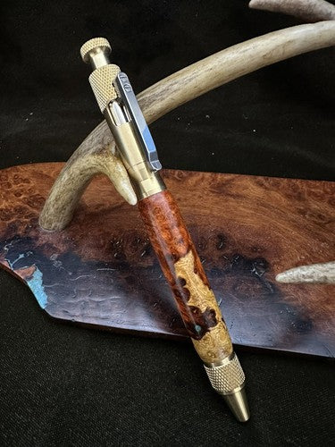 Handmade Ballpoint Clip Bolt Action Pen   Amboyna Burl Wood  Solid Brass