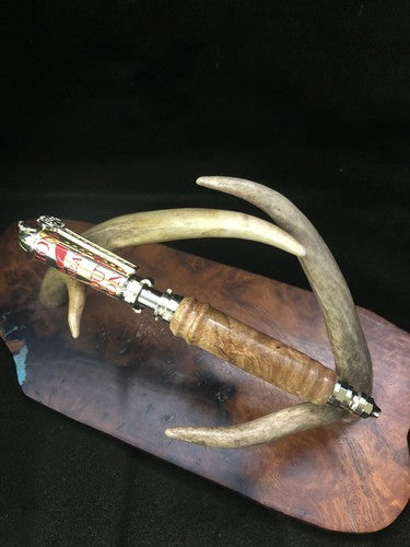 Hand Turned Firefighters Pen Made With Black Ash Burlwood Polish Brass &Red
