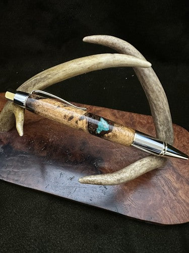 Big Ben EDC Click Pen in Golden and Chrome/Stabilized Post Oak Burl  Turquoise