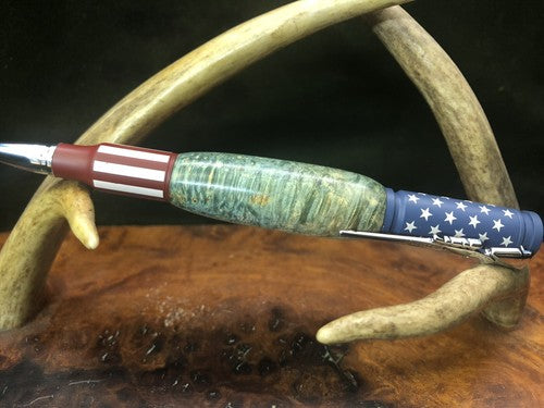 Hand Turned Bolt Action Ceramic Finish Stars And Stripes Pen W/ Box Elder Burl