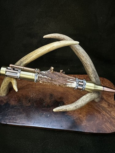Handmade Bolt Action STEAMPUNK Pen Antique Brass And Copper W/Roe Deer Antler!