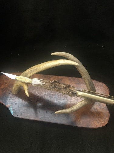 Hand Turned Craft and Hobby Knife With Roe Deer Antler Brass Finish