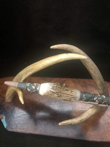 Hand Turned Bolt Action Baked Ceramic Woodland Camo Finish With Roe Deer Antler