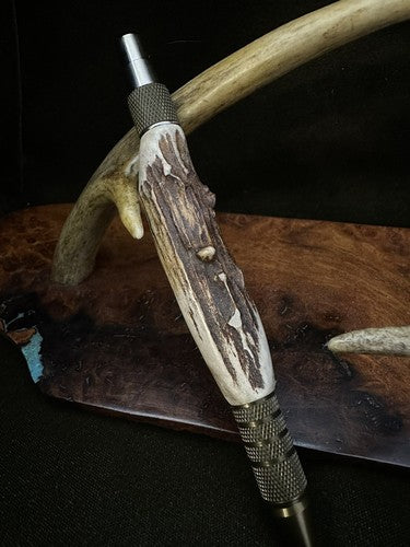 EDC Click Burnt Bronze Aluminum 6061-T6 Ballpoint Handmade Pen Roe Deer Antler