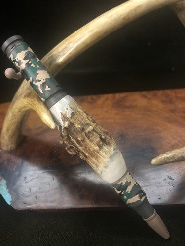 Hand Turned Bolt Action Baked Ceramic Woodland Camo Finish With Roe Deer Antler
