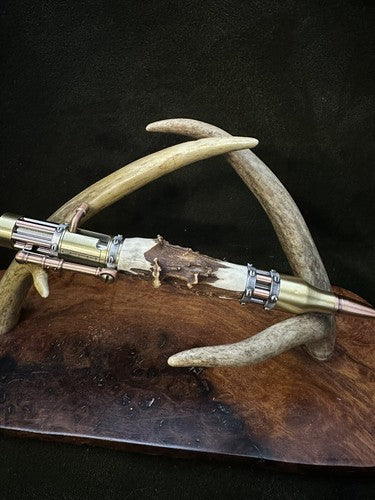 Handmade Bolt Action STEAMPUNK Pen Antique Brass And Copper W/Roe Deer Antler!