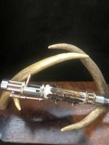 Handmade Bolt Action STEAMPUNK Pen Antique Copper & Pewter W/Roe Deer Antler!