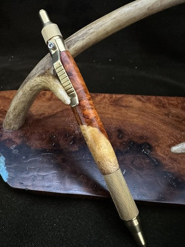 Hand Turned EDC Anvil Ballpoint Click Pen Brass Finish With Amboyna Burl Wood