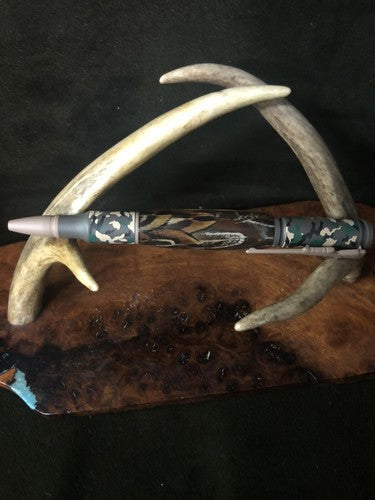 Hand Turned Bolt Action Baked Ceramic Woodland Camo Finish With Pheasant Feather