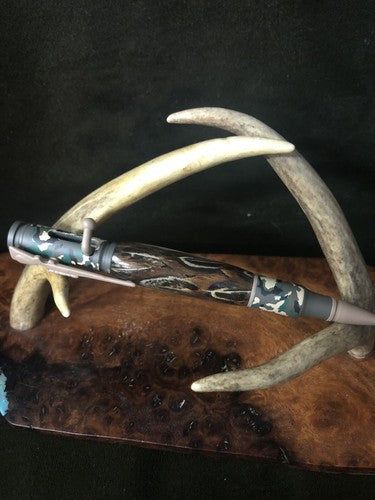 Hand Turned Bolt Action Baked Ceramic Woodland Camo Finish With Pheasant Feather