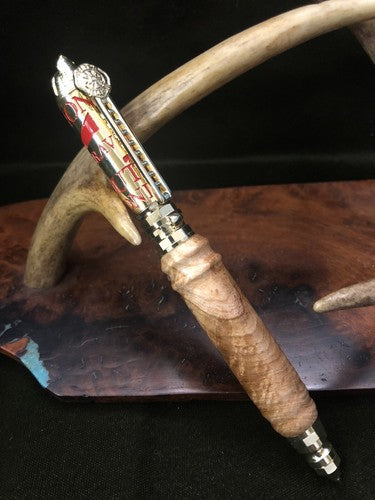 Hand Turned Firefighters Pen Made With Black Ash Burlwood Polish Brass &Red