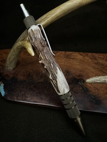 EDC Click Burnt Bronze Aluminum 6061-T6 Ballpoint Handmade Pen Roe Deer Antler