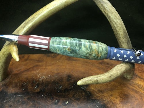 Hand Turned Bolt Action Ceramic Finish Stars And Stripes Pen W/ Box Elder Burl