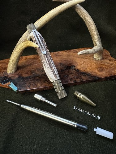 EDC Click Burnt Bronze Aluminum 6061-T6 Ballpoint Handmade Pen Roe Deer Antler