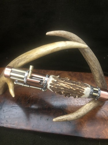 Handmade Bolt Action STEAMPUNK Pen Antique Copper & Brass  W/Roe Deer Antler!