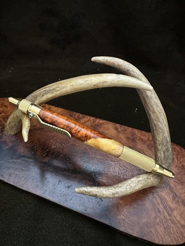 Hand Turned EDC Anvil Ballpoint Click Pen Brass Finish With Amboyna Burl Wood