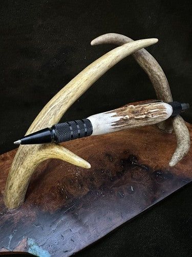 EDC Click Pen Black  Aluminum 6061-T6 Ballpoint Handmade Pen Roe Deer Antler