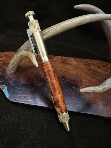Handmade Ballpoint Clip Bolt Action Pen   Amboyna Burl Wood  Solid Brass