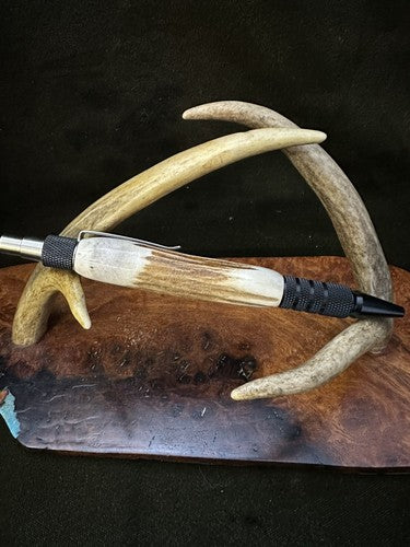 EDC Click Pen Black  Aluminum 6061-T6 Ballpoint Handmade Pen Roe Deer Antler