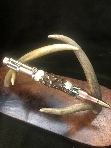Handmade Bolt Action STEAMPUNK Pen Antique Copper & Brass  W/Roe Deer Antler!