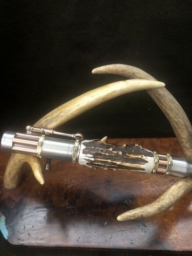 Handmade Bolt Action STEAMPUNK Pen Antique Copper & Pewter W/Roe Deer Antler!