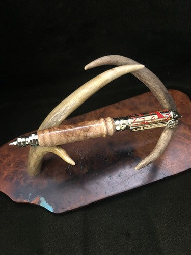 Hand Turned Firefighters Pen Made With Black Ash Burlwood Polish Brass &Red