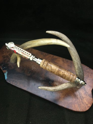 Hand Turned Firefighters Pen Made With Black Ash Burlwood Polish Brass &Red
