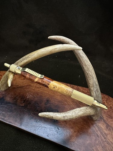 Hand Turned EDC Anvil Ballpoint Click Pen Brass Finish With Amboyna Burl Wood