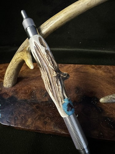 Hand Turned EDC Anvil Ballpoint Click Pen Stainless Finish With Roe Deer Antler