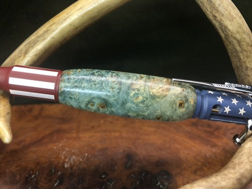 Hand Turned Bolt Action Ceramic Finish Stars And Stripes Pen W/ Box Elder Burl