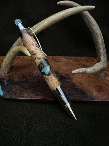 Big Ben EDC Click Pen in Golden and Chrome/Stabilized Post Oak Burl  Turquoise