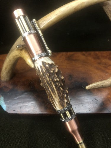 Handmade Bolt Action STEAMPUNK Pen Antique Copper & Brass  W/Roe Deer Antler!