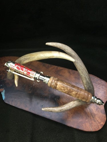 Hand Turned Firefighters Pen Made With Black Ash Burlwood Polish Brass &Red