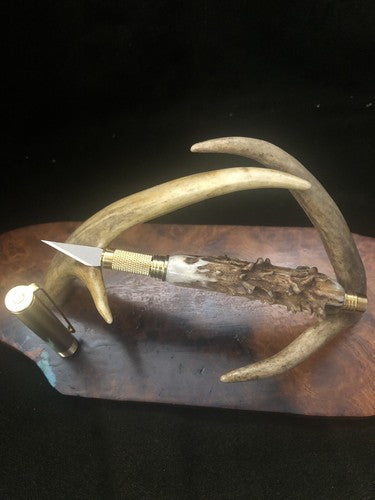 Hand Turned Craft and Hobby Knife With Roe Deer Antler Brass Finish