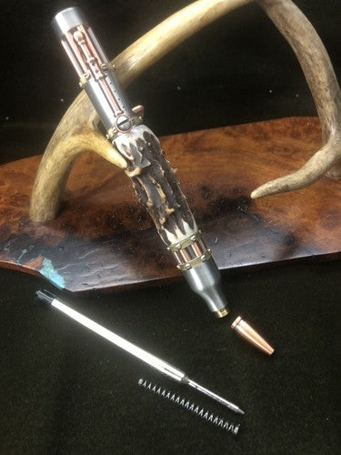 Handmade Bolt Action STEAMPUNK Pen Antique Copper & Pewter W/Roe Deer Antler!
