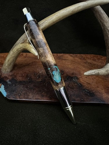 Big Ben EDC Click Pen in Golden and Chrome/Stabilized Post Oak Burl  Turquoise