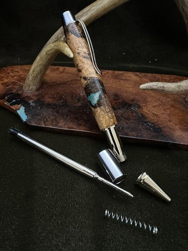 Big Ben EDC Click Pen in Golden and Chrome/Stabilized Post Oak Burl  Turquoise