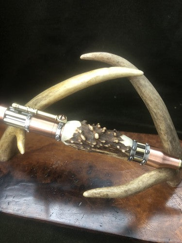 Handmade Bolt Action STEAMPUNK Pen Antique Copper & Brass  W/Roe Deer Antler!