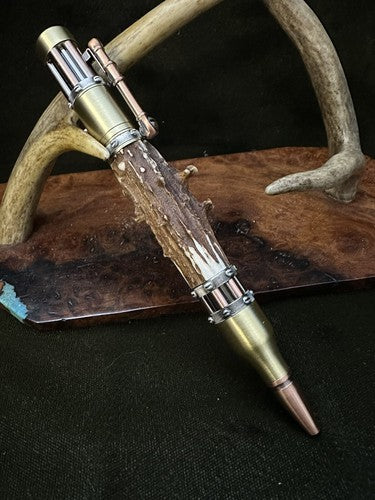 Handmade Bolt Action STEAMPUNK Pen Antique Brass And Copper W/Roe Deer Antler!