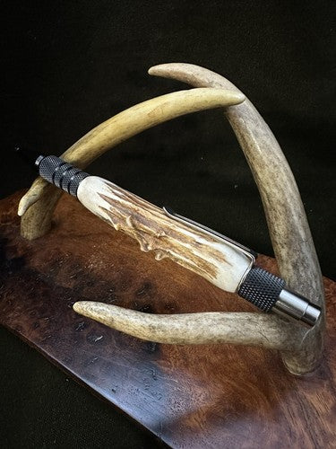EDC Click Pen Black  Aluminum 6061-T6 Ballpoint Handmade Pen Roe Deer Antler