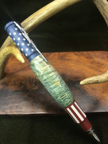 Hand Turned Bolt Action Ceramic Finish Stars And Stripes Pen W/ Box Elder Burl