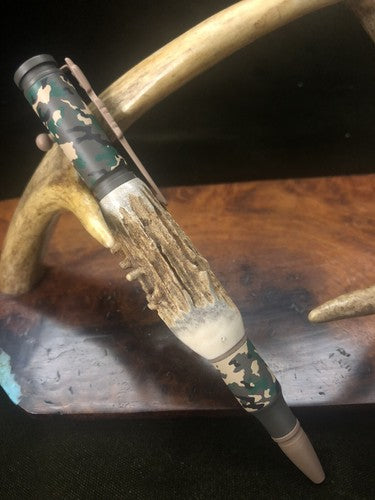 Hand Turned Bolt Action Baked Ceramic Woodland Camo Finish With Roe Deer Antler