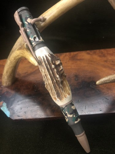 Hand Turned Bolt Action Baked Ceramic Woodland Camo Finish With Roe Deer Antler