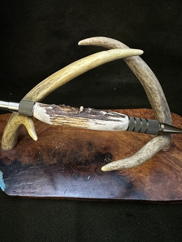 EDC Click Burnt Bronze Aluminum 6061-T6 Ballpoint Handmade Pen Roe Deer Antler