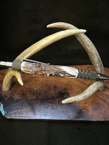 EDC Click Burnt Bronze Aluminum 6061-T6 Ballpoint Handmade Pen Roe Deer Antler