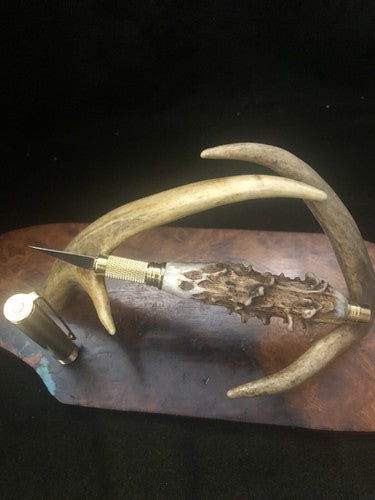 Hand Turned Craft and Hobby Knife With Roe Deer Antler Brass Finish