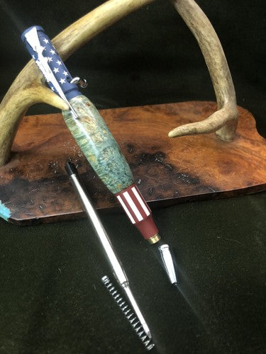 Hand Turned Bolt Action Ceramic Finish Stars And Stripes Pen W/ Box Elder Burl
